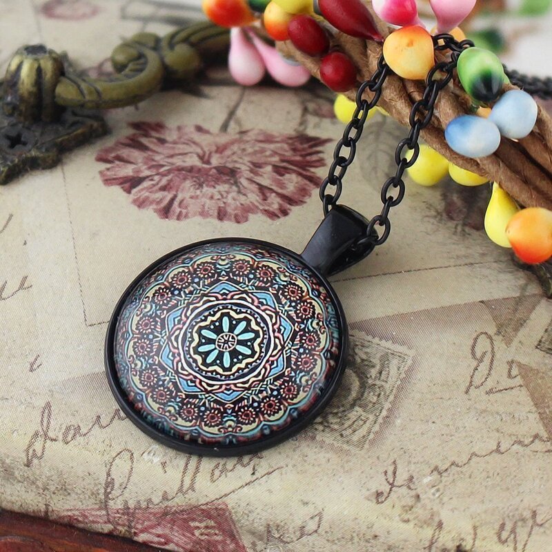 

Coffee Ethnic Colorful Flower Pattern Round Pendant Necklace, Multicolor