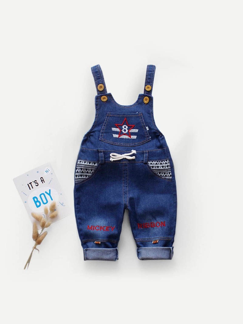 

Girls Embroidery Button Decoration Denim Jumpsuit, Blue