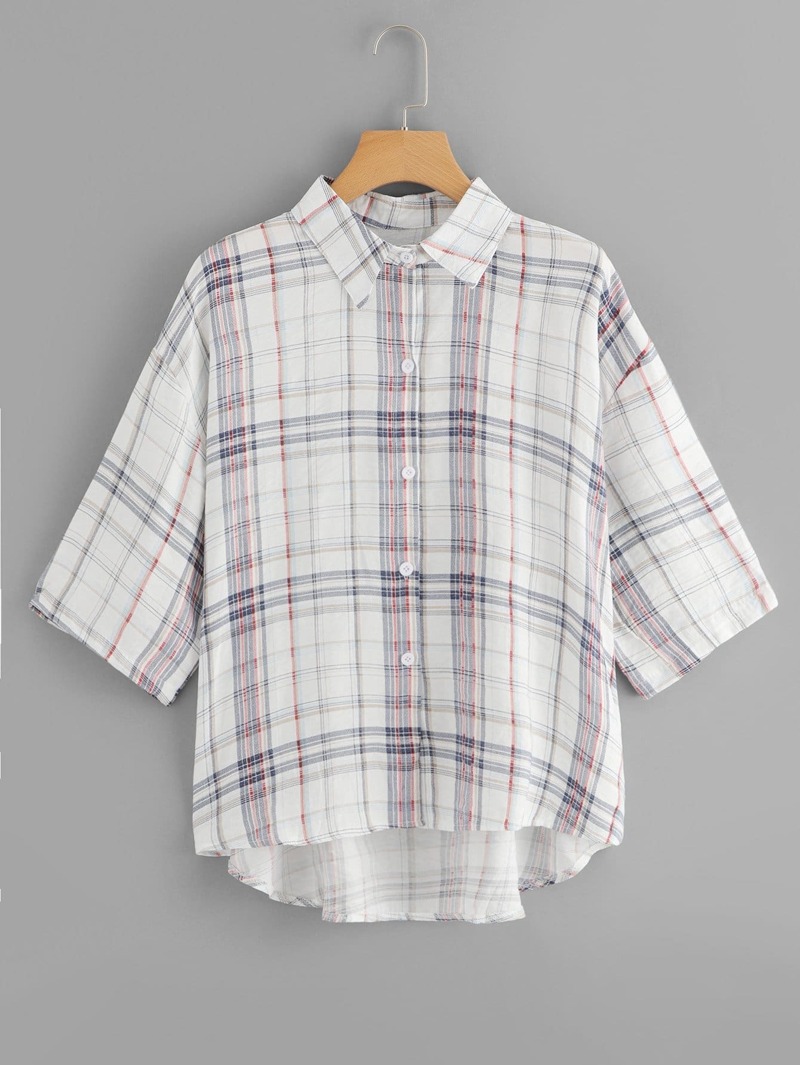 

Plus High Low Plaid Blouse, White