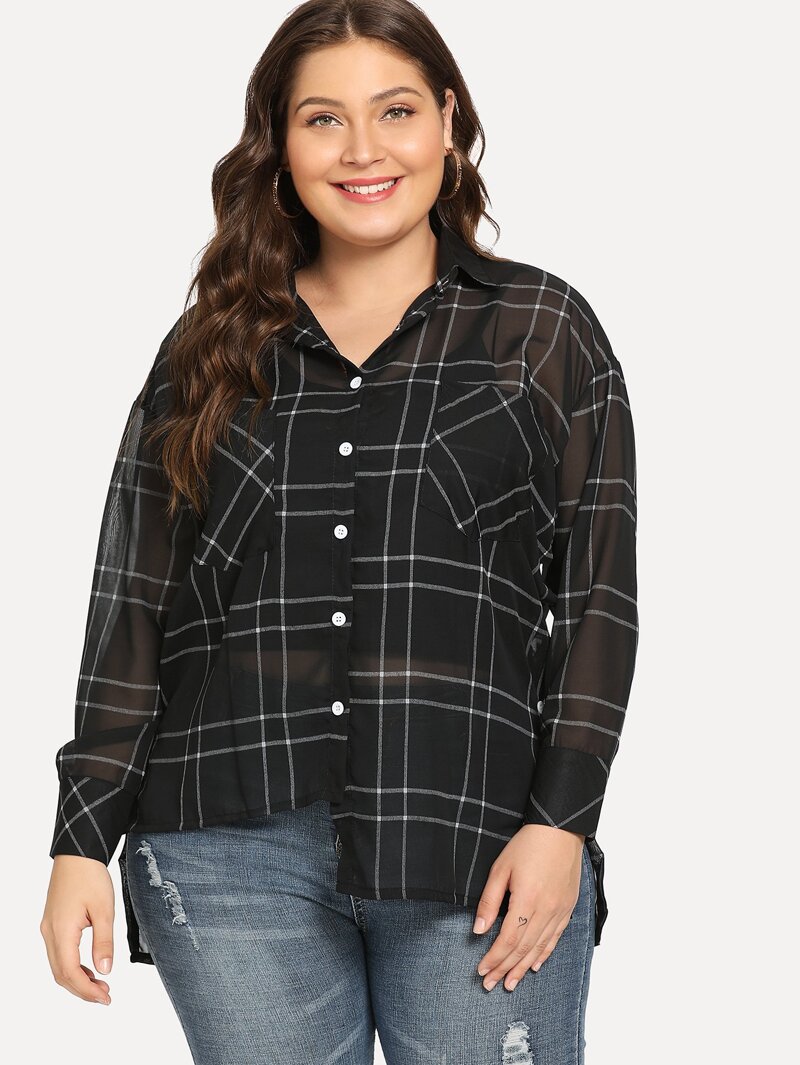 

Plus Asymmetric Hem Plaid Blouse, Black, Carol