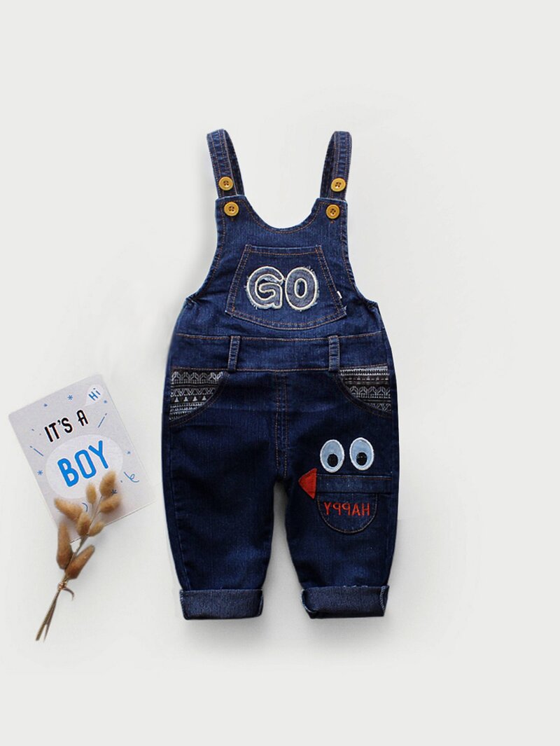 

Girls Embroidery Button Decoration Denim Jumpsuit, Blue