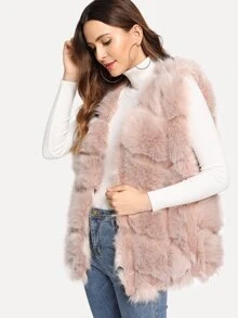 SHEIN Open Front Textured Fluffy Vest - Dusty Pink - View 3