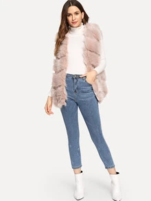 SHEIN Open Front Textured Fluffy Vest - Dusty Pink - View 4