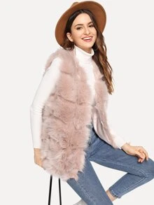 SHEIN Open Front Textured Fluffy Vest - Dusty Pink - View 1