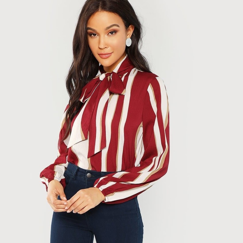 

Tie Neck Striped Blouse, Multicolor