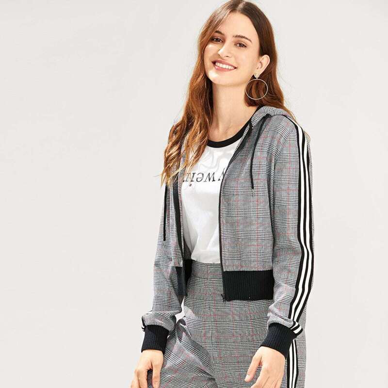 

Zip Up Plaid Hoodie Jacket, Grey