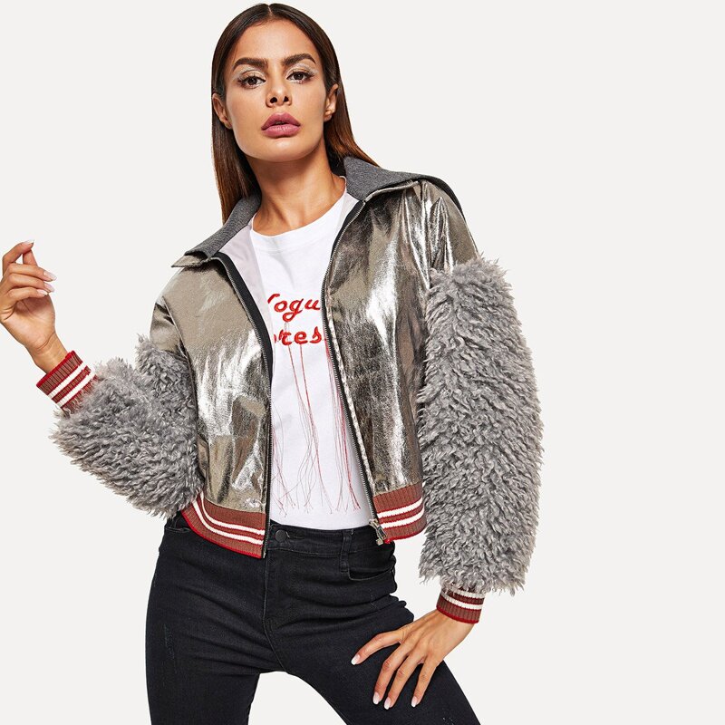 

Faux Shearling Sleeve Metallic Jacket, Grey