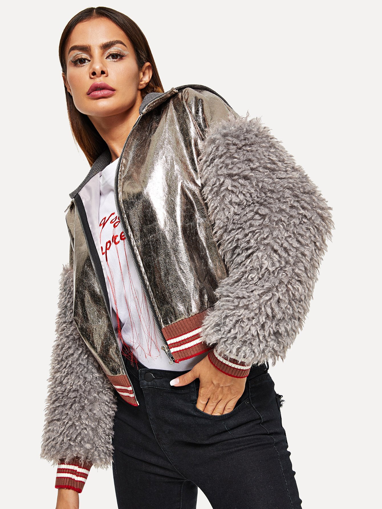 faux shearling sleeve metallic jacket -shein(sheinside)