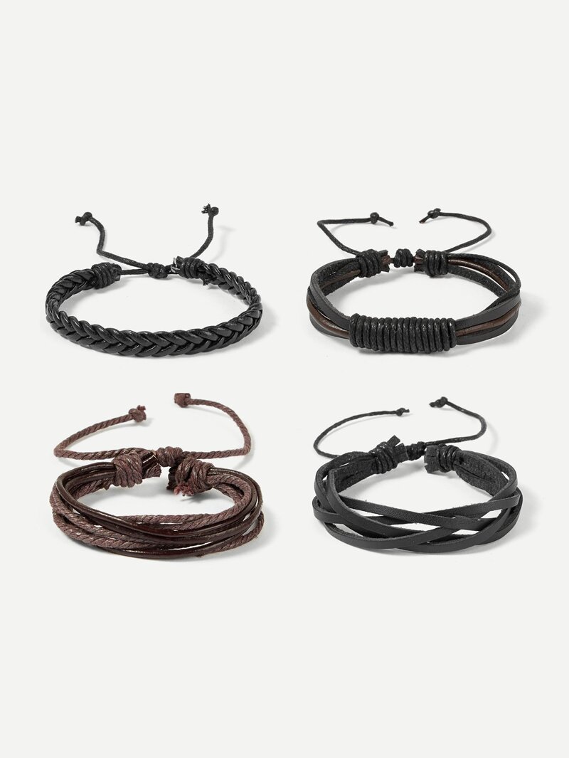 

Men Layered Plaid & Beaded Bracelet Set 4pcs, Black