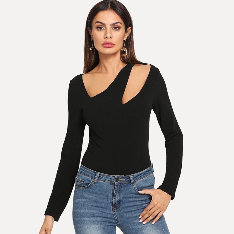 

Cut Front Textured Fitted Top, Black