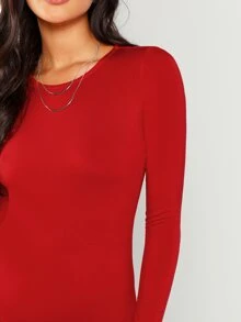 SHEIN Solid Long Sleeve Tee Bodysuit - Red - View 4