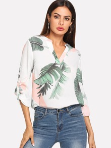 V Neck Jungle Leaf Print Top