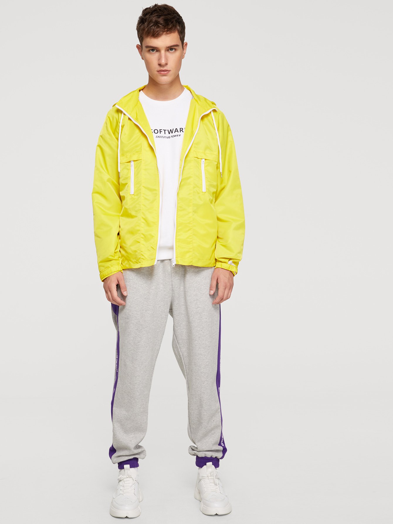 neon yellow men zip pocket front hoodie coat -shein(sheinside)