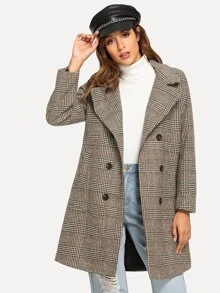 Double Breasted Glen Plaid Pea Coat - Multicolor - View 3