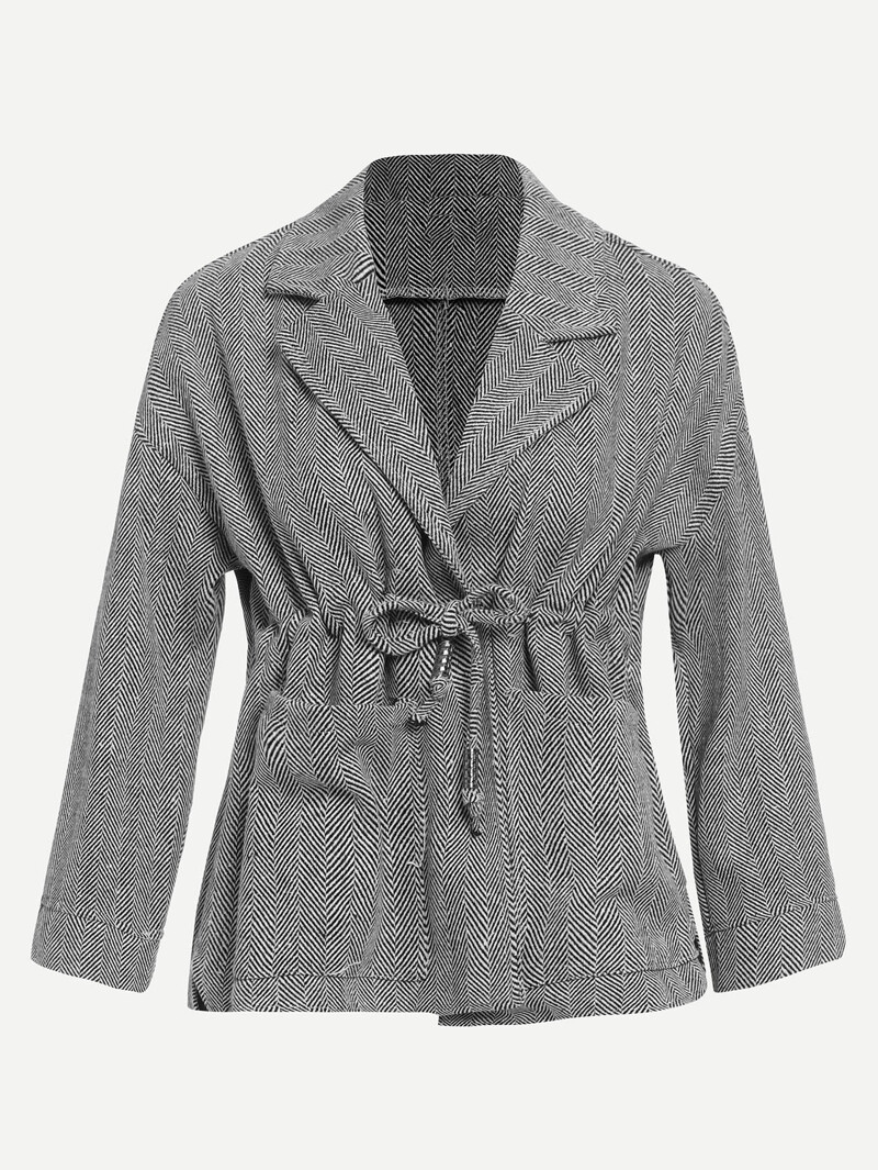 

Herringbone Stripe Drawstring Detail Coat, Black
