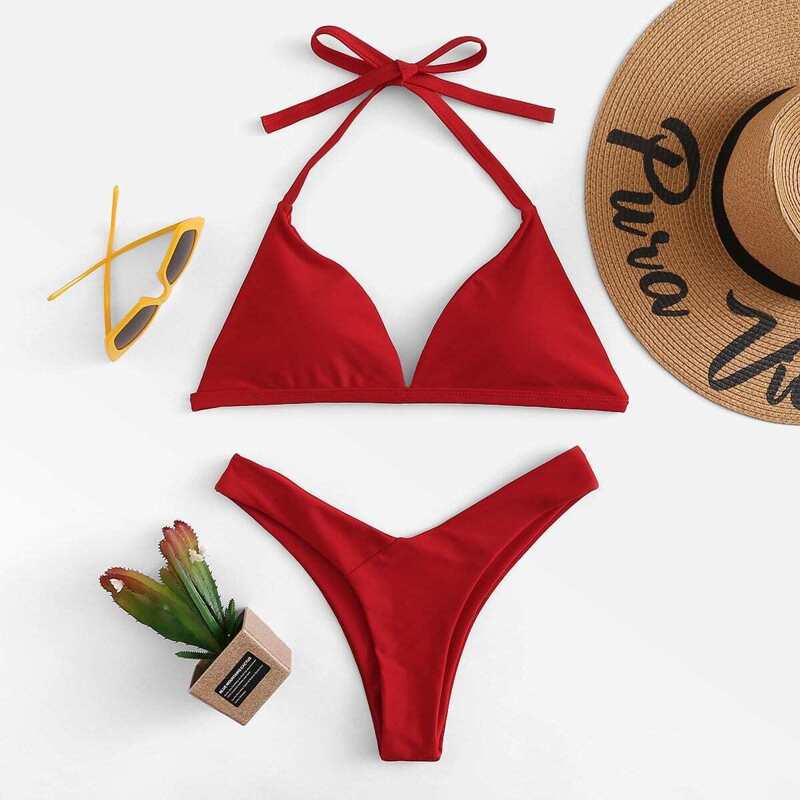 

Self Tie Triangle Halter Top With High Leg Bikini, Red bright