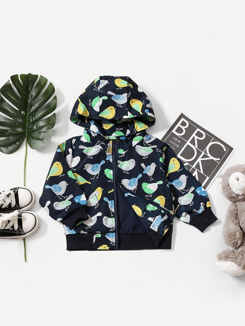 

Boys Cartoon Print Hooded Jacket, Navy