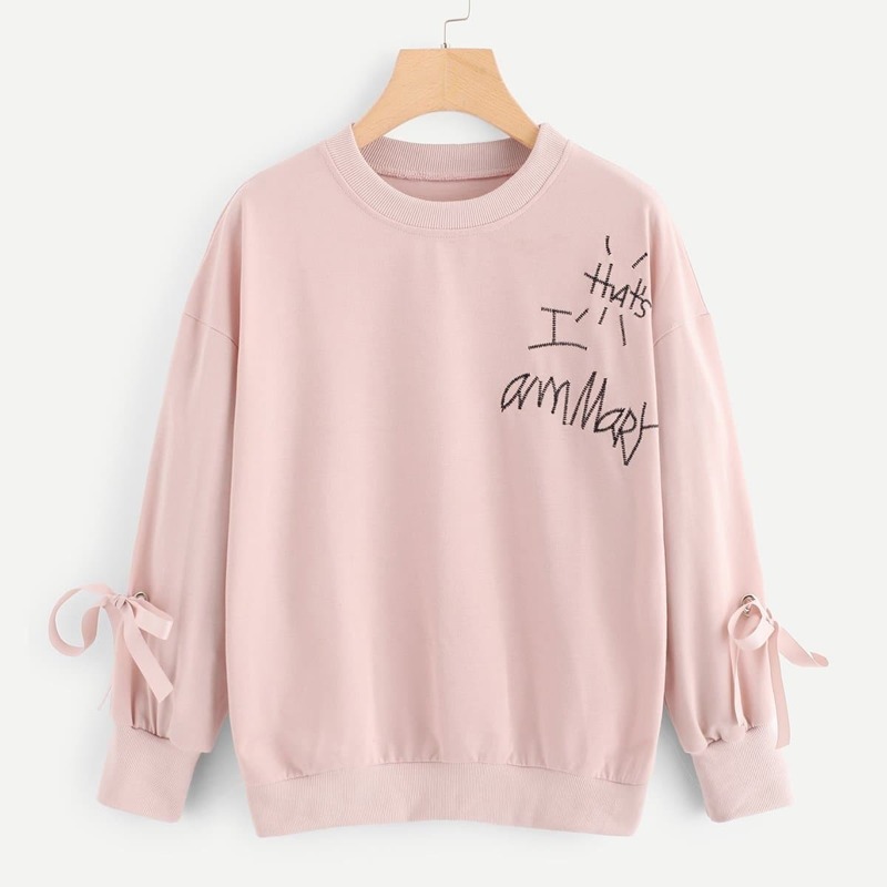 

Letter Embroidered Knot Sleeve Sweatshirt, Pink