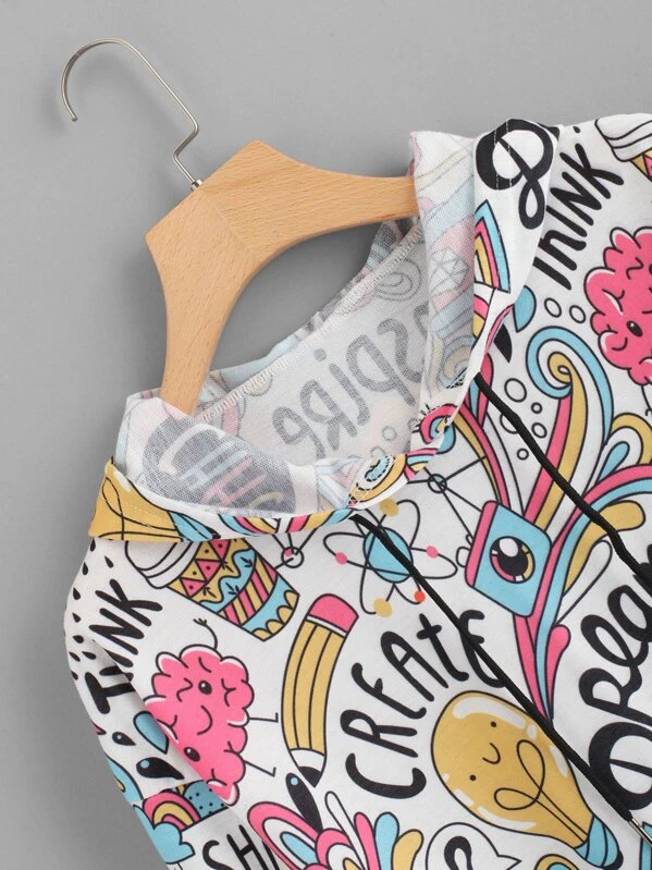 cartoon print drawstring hoodie