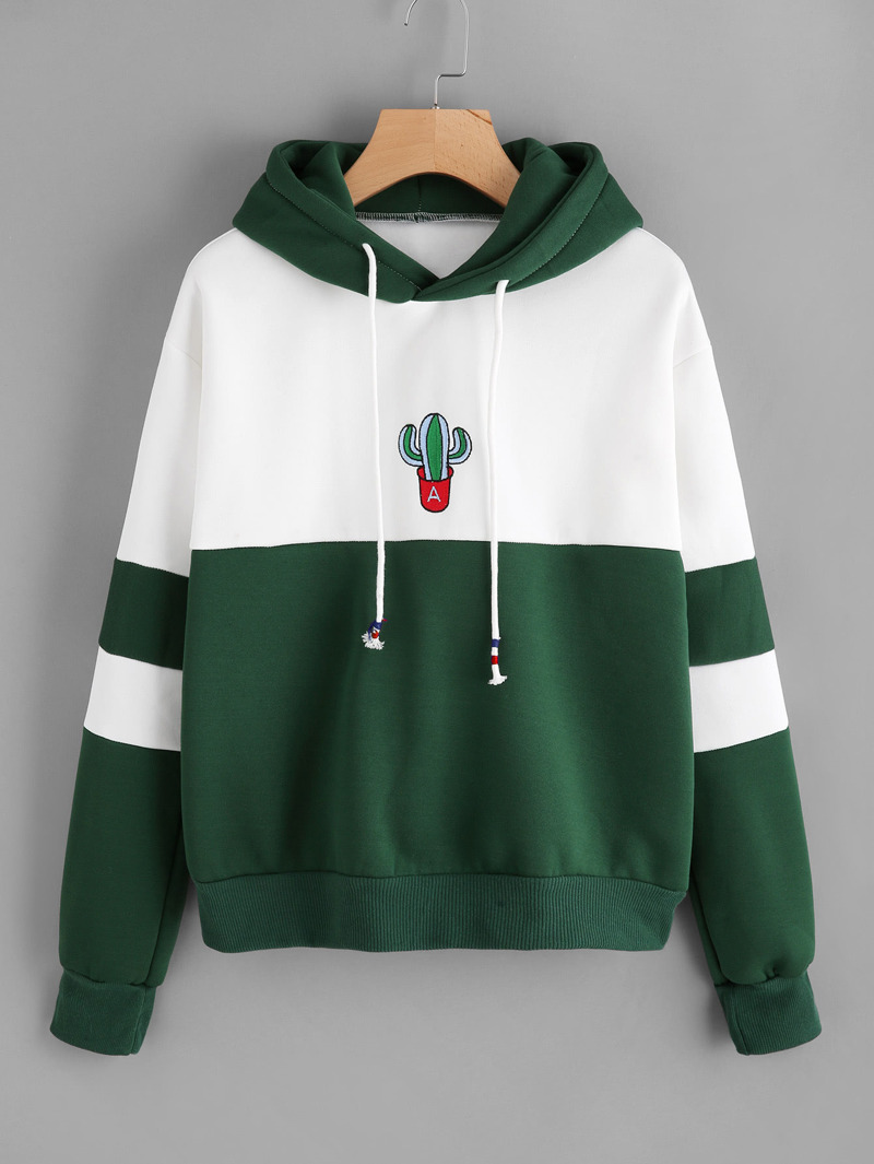 

Color Block Cactus Embroidered Hoodie, White