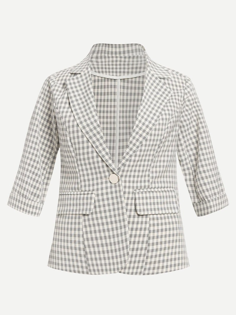 

Plaid Single Button Blazer, Grey