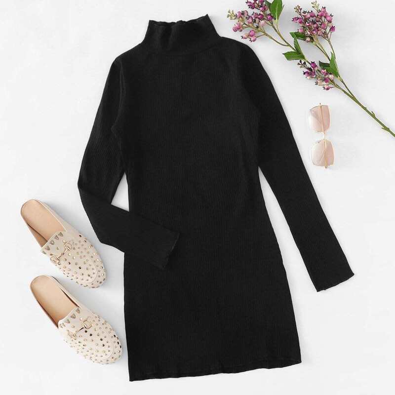 

High Neck Solid Dress, Black