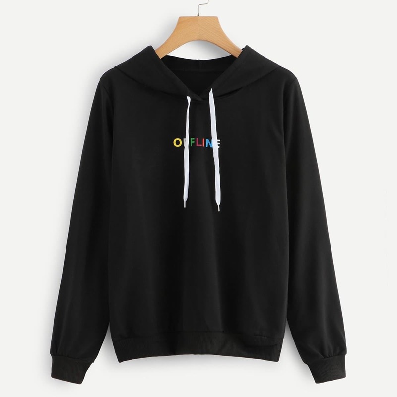 

Letter Print Hooded Sweatshirt, Black