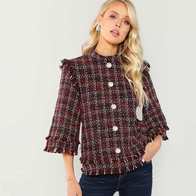 

Button Embellished Tweed Pullover Coat, Burgundy