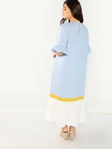 SHEIN 大碼荷葉袖拼接下擺連衣裙 - 淺藍色 - 查看 2