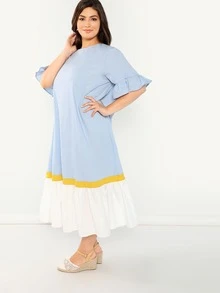 SHEIN 大碼荷葉袖拼接下擺連衣裙 - 淺藍色 - 查看 3