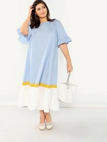 SHEIN 大碼荷葉袖拼接下擺連衣裙 - 淺藍色 - 查看 5