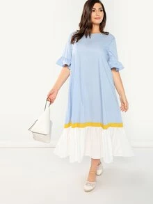 SHEIN 大碼荷葉袖拼接下擺連衣裙 - 淺藍色 - 查看 1