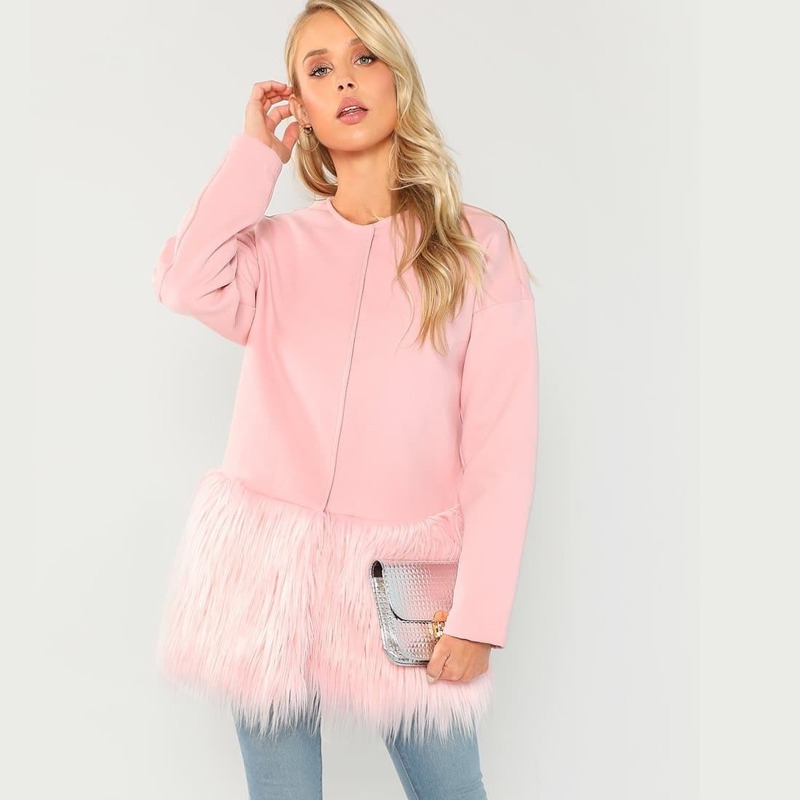 

Faux Fur Contrast Button Coat, Pink