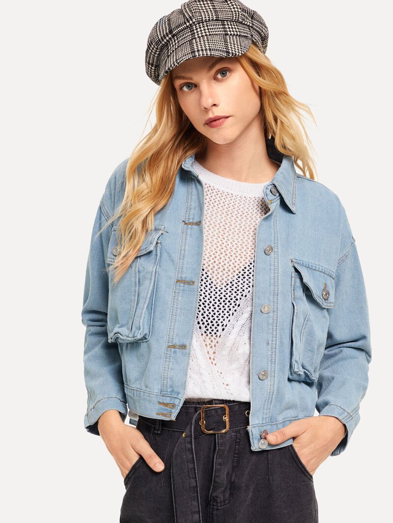 

Pocket Detail Single Breasted Denim Jacket, Blue, Denisa