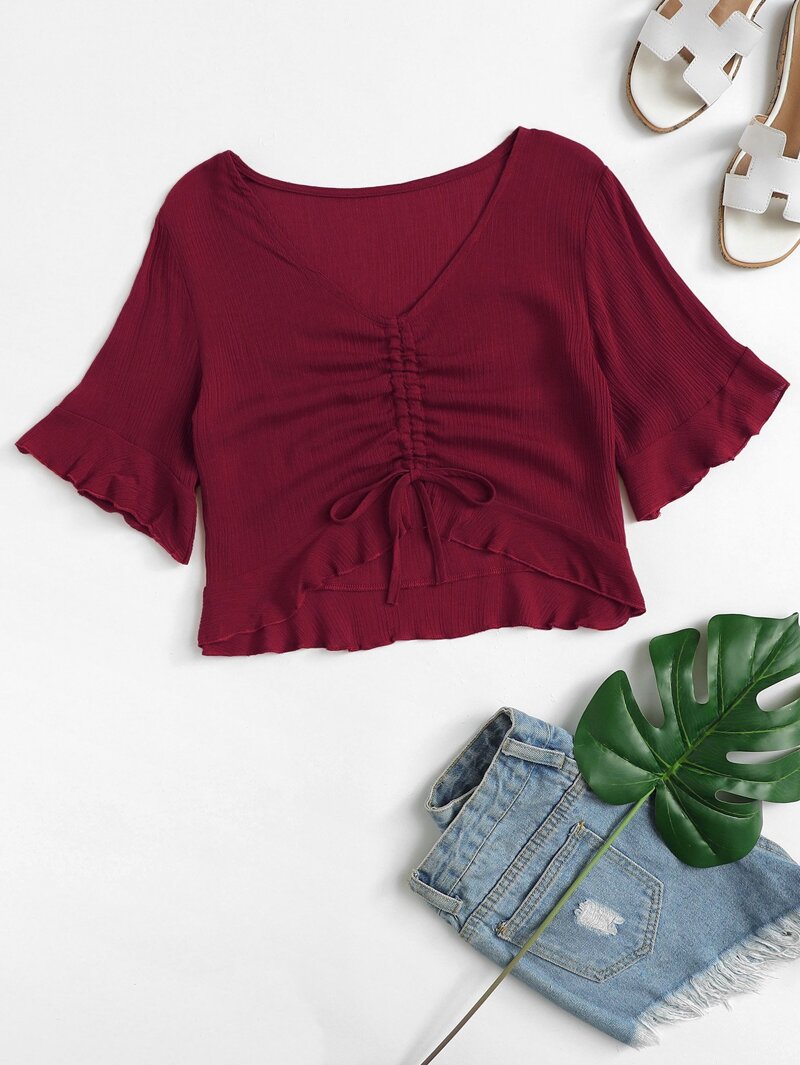 

Solid Drawstring Front Ruffle Trim Blouse, Burgundy