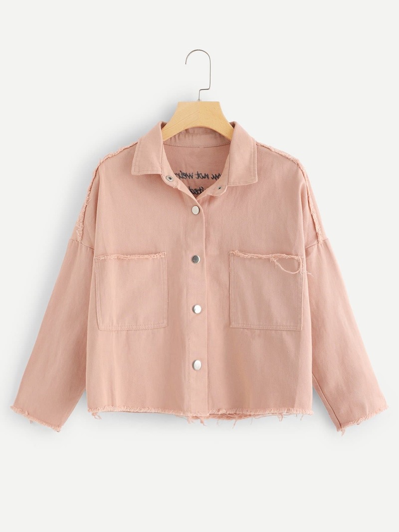 

Denim Drop Shoulder Slogan Embroidered Jacket, Pink