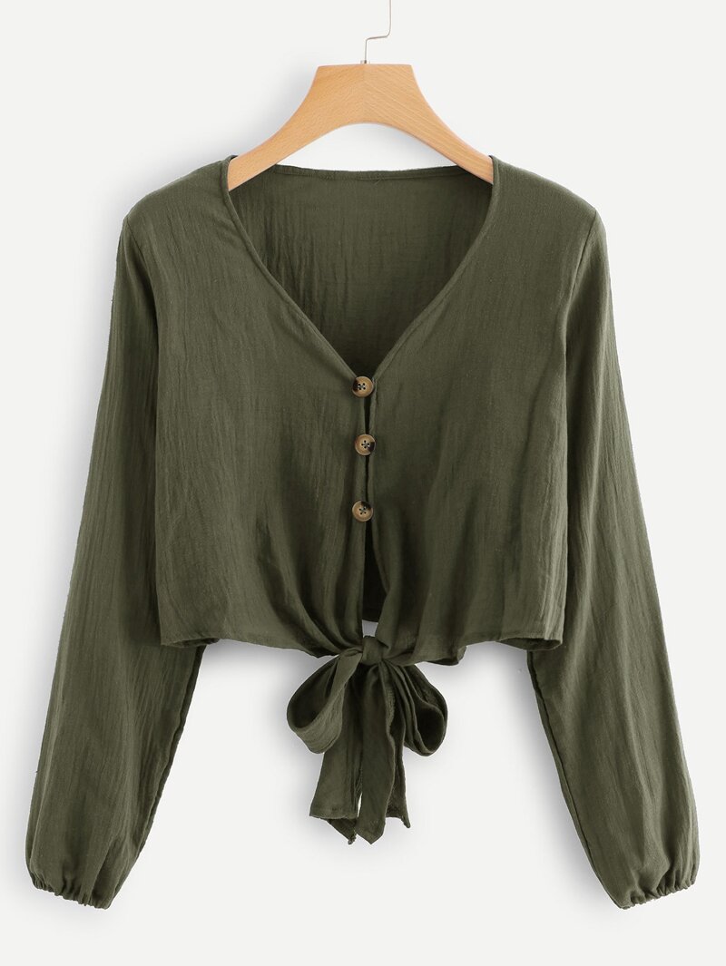 

Single Breasted Knot Hem Blouse, Army green