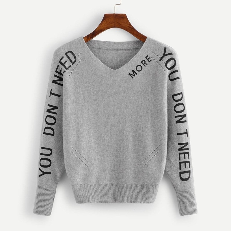 

Letter Print V Neck Jumper, Grey