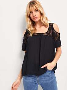 Open Shoulder Lace Yoke Blouse