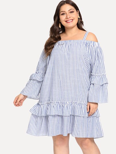 Plus Tiered Ruffle Trim Pinstripe Bardot Dress pictures