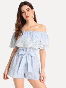 Off Shoulder Embroidered Eyelet Belted Striped Jumpsuit