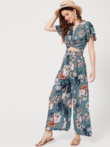 Twist Front Botanical Print Crop Top & Pants Set