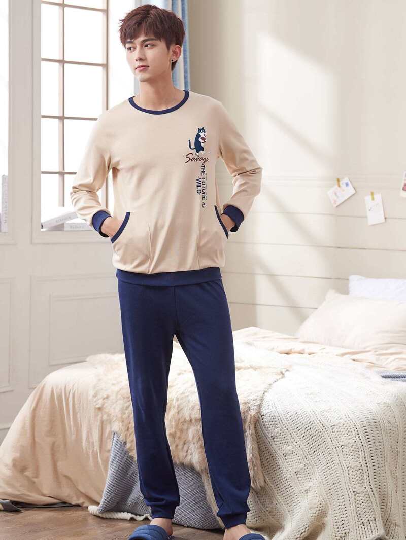 

Men Cat & Letter Print Pajama Set, Multicolor