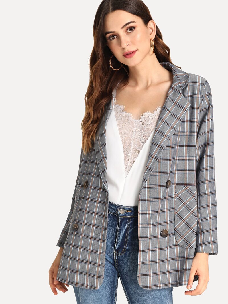 

Plaid Double Breasted Blazer, Grey