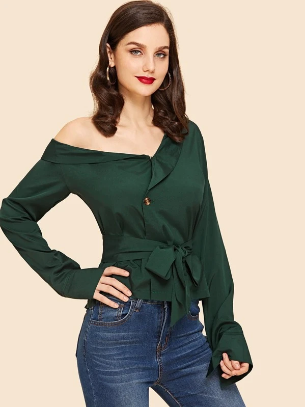 Blusa con hombro descubierto y lazo en la cintura | Mode de Blusa con un hombro descubierto y lazo | SHEIN ES | Lazos
