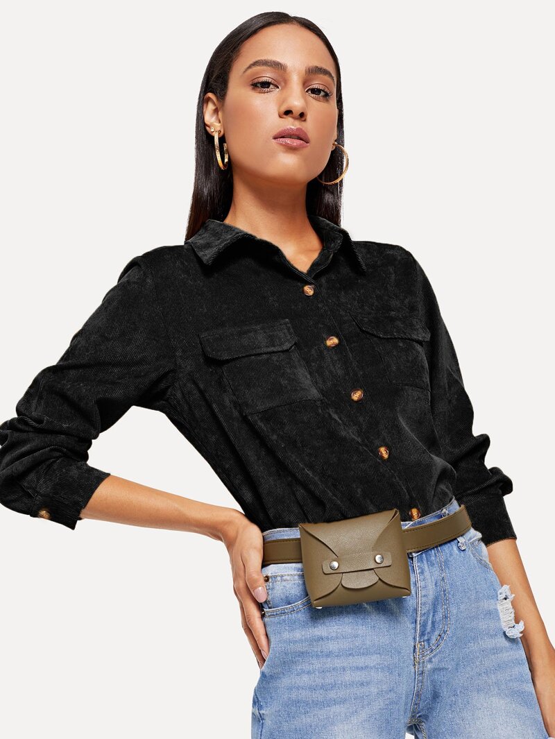 

Pocket Decoration Collar Blouse, Black, Kary