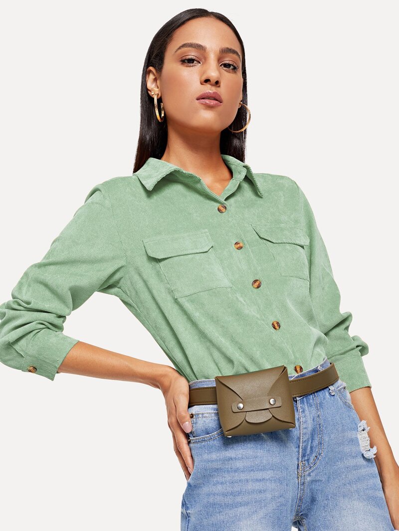 

Pocket Decoration Collar Blouse, Green, Kary