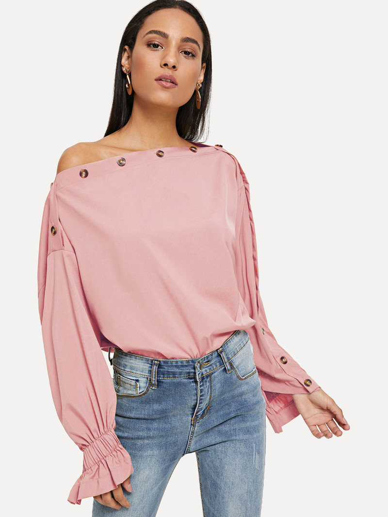 

Asymmetrical Shoulder Button Detail Blouse, Pink, Kary