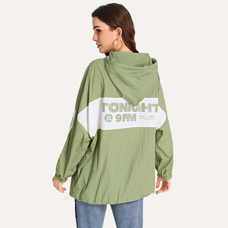 

Drawstring Hoodie Colorblock Jacket, Green