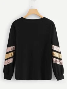 Contrast Striped Sequin Tee - Black - View 2